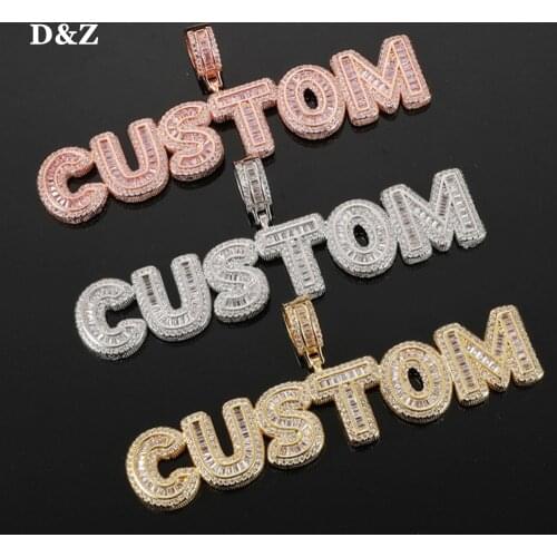 D&Z Custom Name Plates Baguette Letters Rock Candy Pendant Gold Color Mens Hip Hop Necklace Chain Rock Jewelry