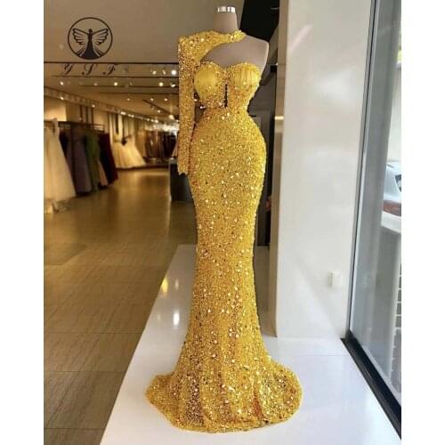 2022 Sexy Vestidos De Fiesta Yellow O Neck Beaded Shiny Heavy Stones Sheath Floor Length Long Evening Dresses