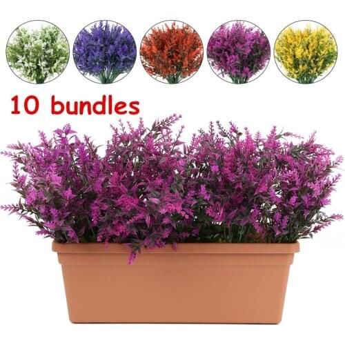 10 Branches Artificial Flowers UV Resistant Faux Plastic Lavender Greenery Shrubs Plants for Home Garden Decor Party Supplies