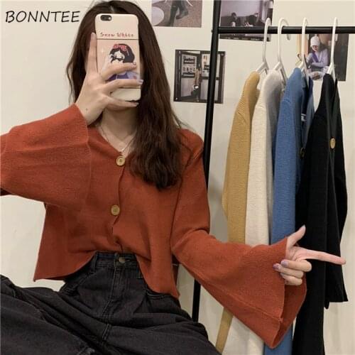 Cardigan Women All-match Knitting Soft Elasticity V-neck Spring Ins Button Cropped Sweater Black Clothing Harajuku Elegant Mujer