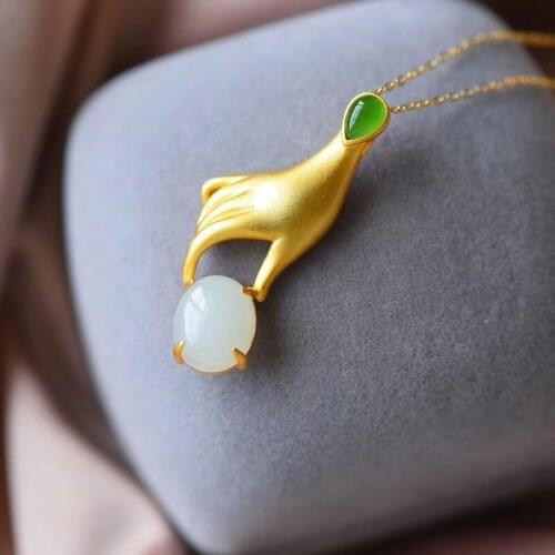 Fashion Hetian Jade necklace for women jewelry real 925 silver frosted surface gold plated natural jade soft character date gift