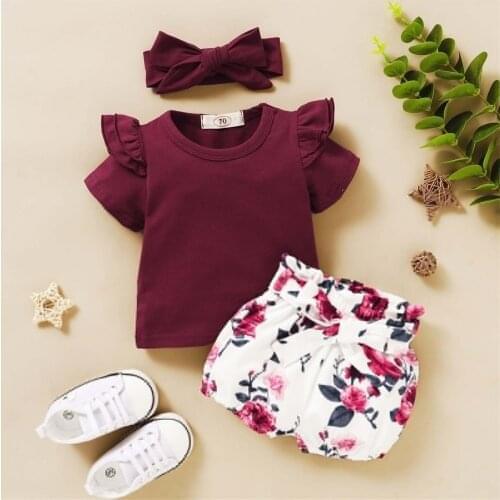 3Pcs Baby Girl Clothes Set Toddler Kids Baby Girls Short-sleeved Top Floral Shorts Hair Band Clothes Set Baby Clothing Sets