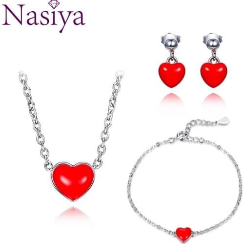 Nasiya 925 Sterling Silver Jewelry Set Fashion Red Heart Necklace Earrings Bracelet For Women Girl Friend Anniversary Gift