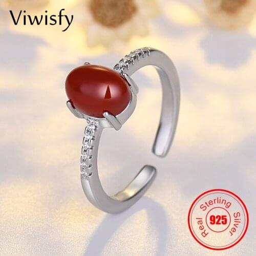 Viwisfy Red Agate Cuff Real 100% 925 Sterling Silver Ring Woman Jewelry Crystal Wedding Bands Gift For Girl VW21428