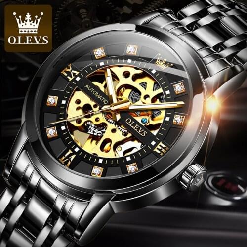 OLEVS Business Fashion Brand Golden Men Mechanical Watch Men Stainless steel Skeleton Waterproof Shock WristwatchRelogio hombre