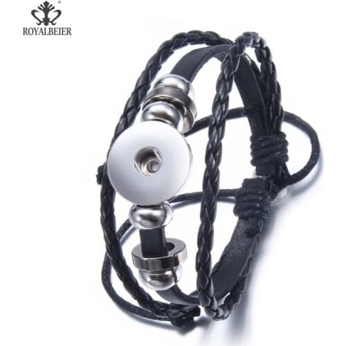 ROYALBEIER Hand-woven Jewelry Wrap Multilayer Leather Braided Rope Wristband Men Bracelets&bangles Fit 18mm Snap Button Jewelry