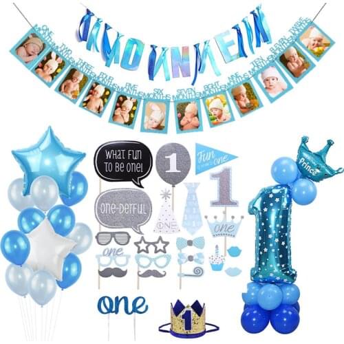 1st First Birthday Boy Party Decoration Balloons Set Foil Number Balloon Banner First Baby Party Decorations Kids My 1 One Year