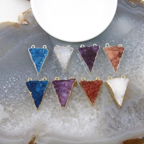1pcs Natural Geode Arrow Pendants Triangle Druzy Connector Golden/Silvery Edge Crystal Drusy Necklace DIY Jewelry Woman Gift