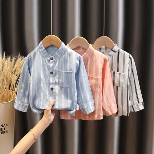 2021 Spring Autumn Tops and Blouses Stand Collar Striped Shirts for Kids Long Sleeve Casual Boys Blouses Childrens Shirts