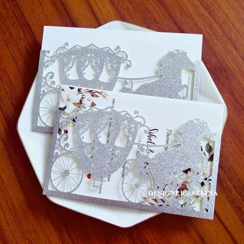 50pc Silver King and Quieen Horse Carriage Wedding Invitations DIY Glittery Laser Cut Personalized Print Engagement Party Cards