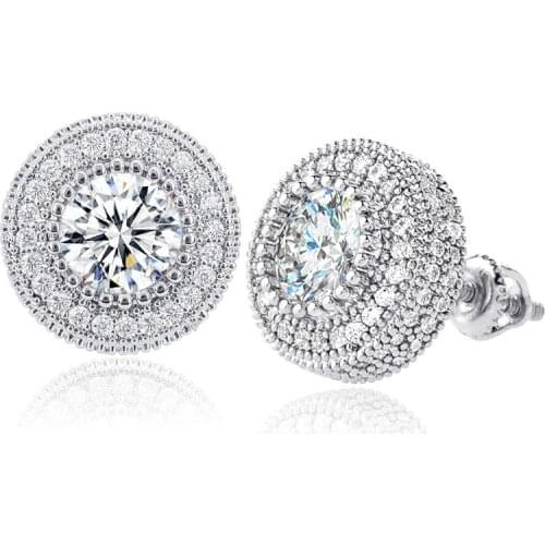 1Pair Material S925 Sterling Silver Hip Hop AAA CZ Stone Claw Setting Bling Ice Out Round Stud Earrings for Men Rapper Jewelry