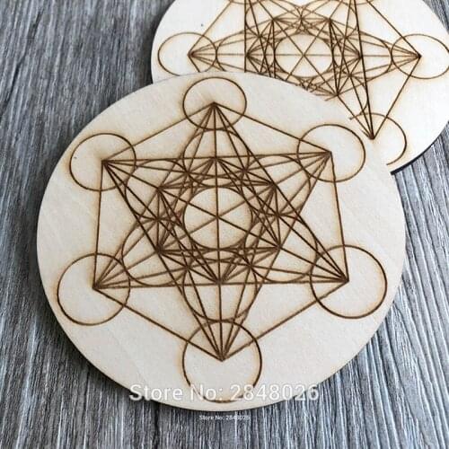 Charging Grid Sacred geometry Metatrons Cube alter tools engraved wood crystal grid plate wooden Coaster Metatrons laser