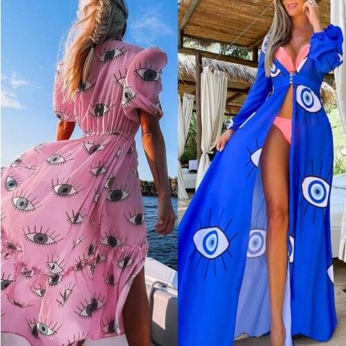 New Super Quality Comfortable Fabric Wrinkle-free Blue Eyes Chiffon Tunic Sexy Beach Dress Women Beach Wear Swim Suit Cover Up