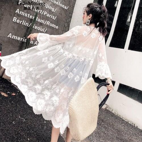 2020 Summer Outside Cardigan Sunscreen Clothing Women Summer Windbreaker Long Chiffon Tulle Flower Shawl Female Lace Shirt K293