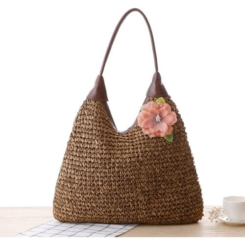 Bohemian Flower Women Shoulder Bags Casual Rattan Straw Bag Large Capacity Wicker Woven Female Handbags Summer Beach Purse Tote