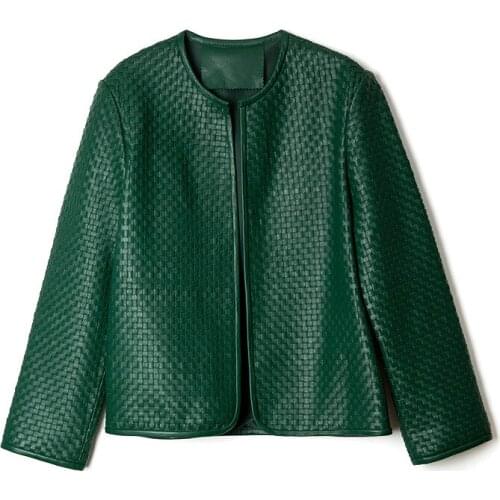 Green Leather Jacket Women Sheepskin Woven Chic Vintage Round Neck Cardigan Plaid Coat Mujer Korean Chic Vintage Outwear Jaqueta