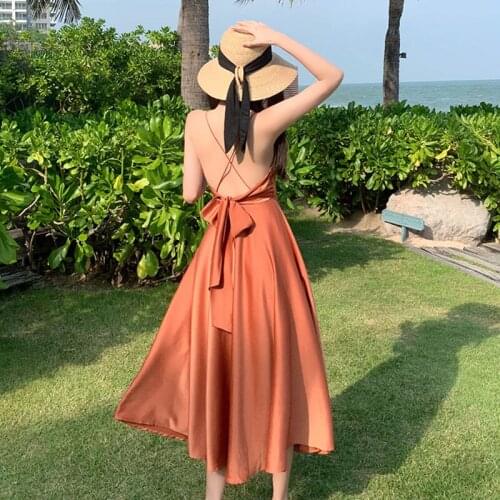 Summer Caramel Color Runway Elegant Vacation Party Night Dress Backless Tropical Beach Sundress Long White Satin Lady Slip Dress