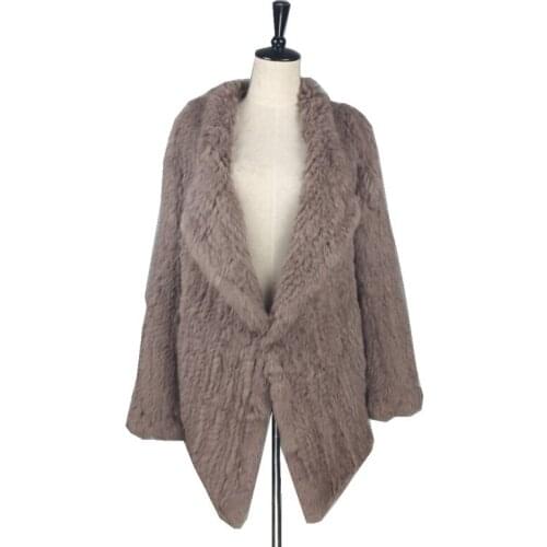 Lady Real Knitted Rabbit Fur Coat Jacket Ruffle Collar Autumn Winter Women Fur Trench Outerwear Coats Clothing VF7007