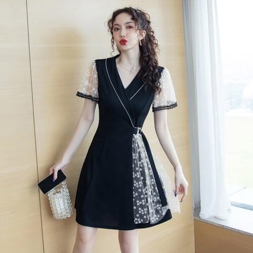 2021 New Summer Women Dress Short Sleeve V-Neck Vintage Fashion Elegant Casual Ladies Party Korean Sexy Mesh Mini Clothes