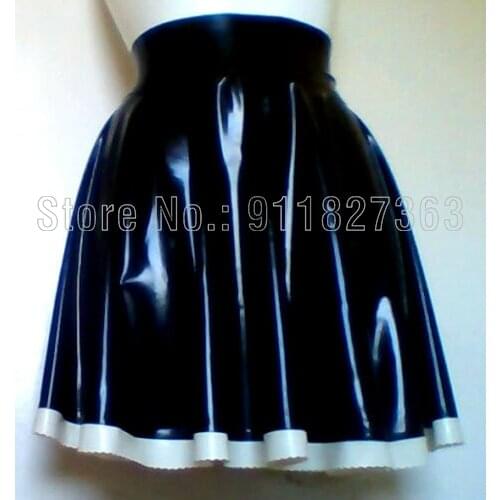 100% Natural Latex Mini Skirt Circle Skating Skirt Hight Waist Unisex Sexy Black w White Trim Dress Customized