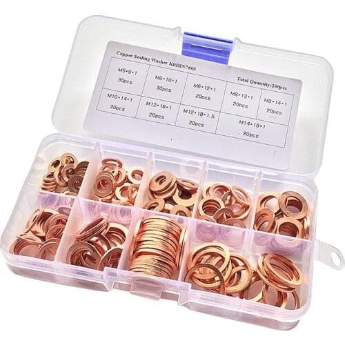 200pcs Copper Washer Gasket Set Flat Ring Seal Assortment Kit With Box M5-M14 For Hardware Accessories