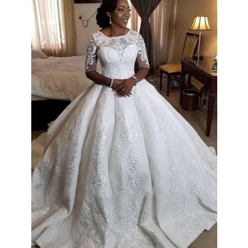 Ball Gown Satin Applique 1/2 Sleeves Sweep/Brush Train Scoop Wedding Dresses Custom Made Bridal Bride Gown