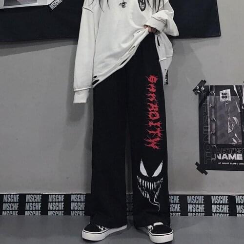 QWEEK Gothic Pants Korean Style Fashion 2021 Hip Hop Print Wide Leg Pants Women Loose Streetwear Black Casual Trousers Women