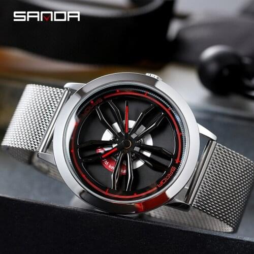 SANDA Men Car Wheel Watch Waterproof Sport Quartz Watch Mens Mesh With Rotating Rim Hub Dial Watch Men Casual Watch Relogio