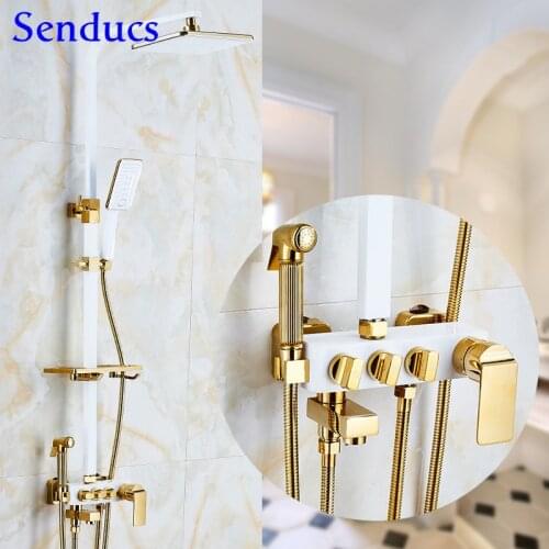 Bathroom Shower Set Senducs Copper Bath Bidet ABS Hand Shower Head for White Gold Shower System Brass Bath Shower Mixer Set