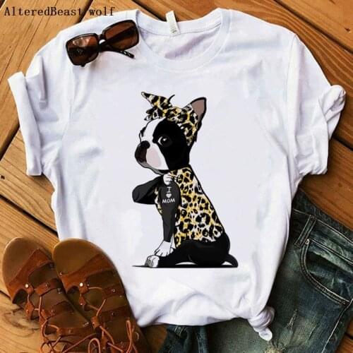 Boston Terrier i love mom T-shirt Women Hararuku Mama T-shirt Vogue Leopard Bandana T Shirt Female Hip Hop 2021 Tshirt Clothes