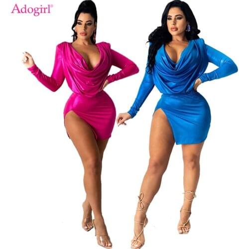 Adogirl Satin Two Piece Dress Sets Women Sexy Pile Collar Long Sleeve Shirt Crop Top High Splity Mini Skirt Fashion Party Suit