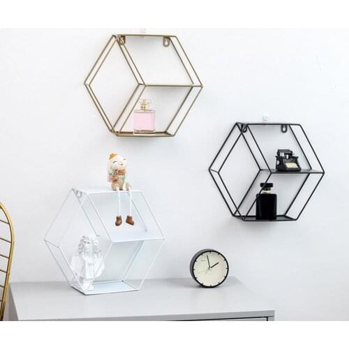 Metal Hexagonal Wall Hanging Shelf Storage Rack Living Room Bedroom Decoration