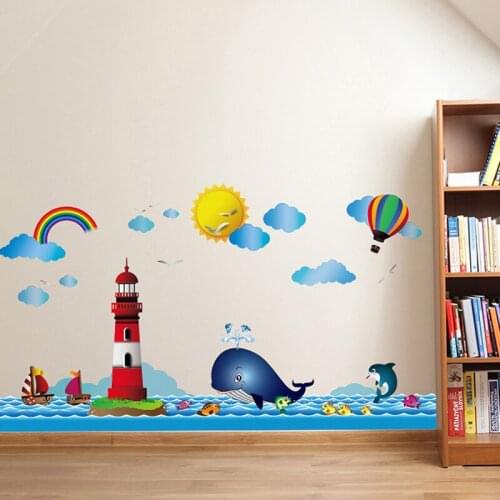 Cartoon Lighthouse Whale Wall Sticker For Kids Room Background Decor Art Mural Decals Wallpaper Stickers