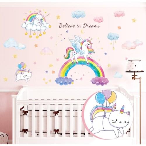 Cartoon Rainbow Unicorn Wall Stickers For Kids Rooms Decoracion Habitacion Adolescente Vinyl Wall Decal for Boys and Girls