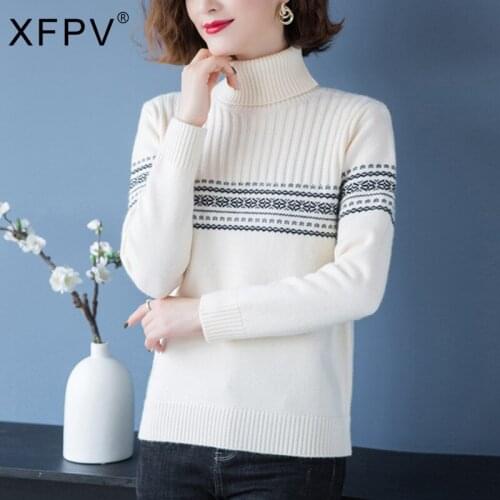 XFPV 2021 Autumn Winter New Fashion Womens Thick Wool Sweater Loose Short High Neck Slim Knitted Print Tops Office Lady SM282
