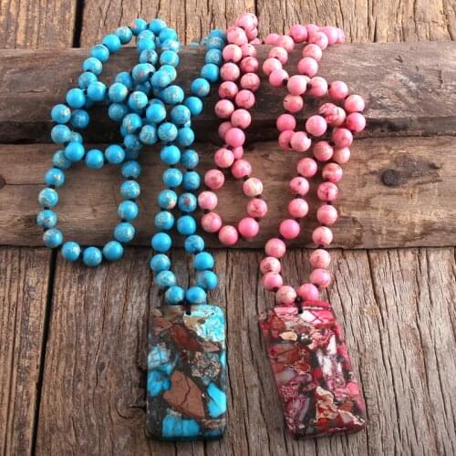 Fashion Bohemian Tribal Jewelry Semi Precious Stone Knotted Rectangle Stone Pendant Necklaces For Women Necklace