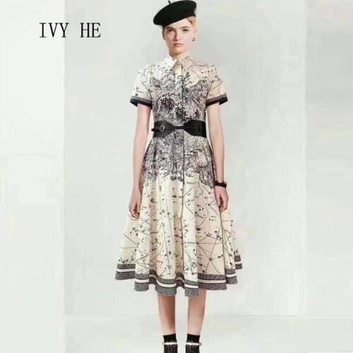 IVY HE New Pattern Positioning Printing Short Sleeves For Slim Waist Vintage Style Summer Womens Dress 2021