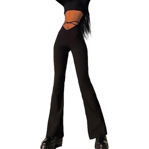 Flared Pants Lace Up Crossed Strap Navel-exposed Solid Color V Shape Waist Trousers Flared Wide Leg High Waist Pants Women