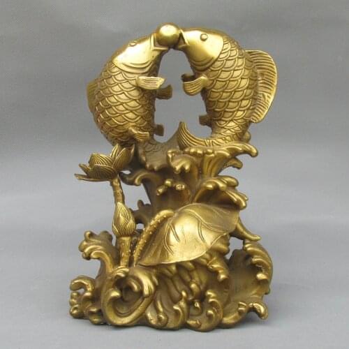 Lucky Chinese Pure Brass Two Fish Play Ball On Auspicious Lotus Leaf Statue