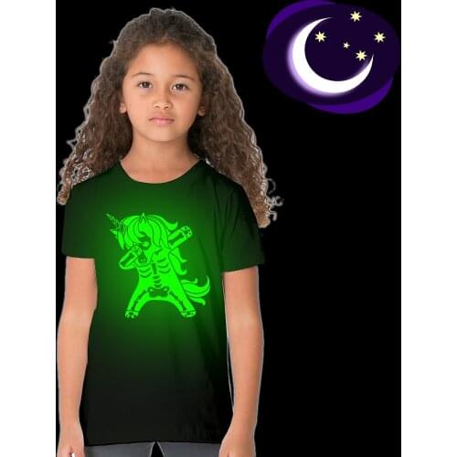 Unicorn Skeleton Print Fashion Kids Girls Halloween Luminous T Shirt Fashion Girl Short Sleeve Noctilucent Glow In Dark T-shirts