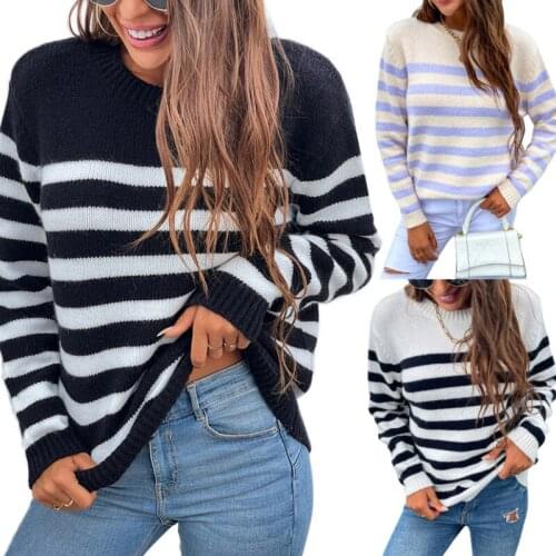 Women Color Block Sweater, Adults Casual Striped Basic Long Sleeve Round Neck Knitwear Spring Autumn