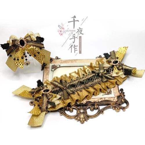 Girl Vintage lolita Palace Style Black Gold Bowknot Bead Chain Elegant Gorgeous Headband hairpin Cosplay Tea Party Headwear Prop