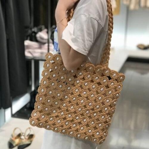 Fashion Pearls Straw Women Shoulder Bags Design Wicker Woven Handbags Casual Summer Beach Rattan Bag Large Tote Shopper Purses