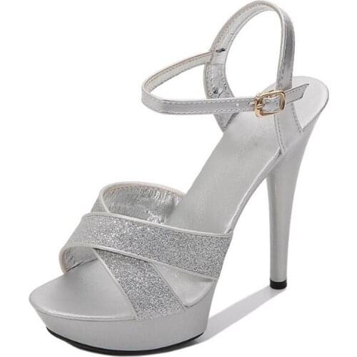 Brand Women Sandals Summer Shoes Sequined Cloth Buckle 13CM Thin High Heels Open Toed waterproof platform Party Women Shoes