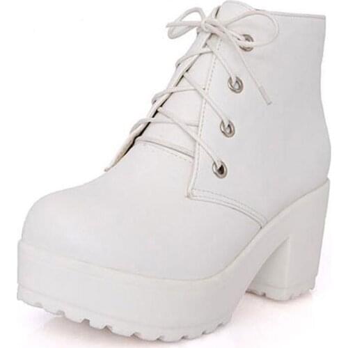 Punk Style Women Boots Chunky Heels PU Leather Ankle Martin Boots Platform Shoes Woman Black White 2colors Zapatos Mujer XKD2064