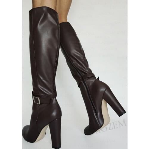 BERZIMER Women Knee High Boots Side Zip Chunky Heels Boots Handmade Zapatos Mujer Ladies Buckle Shoes Woman Large Size 44 45 52