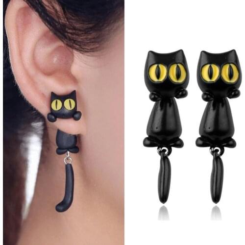 Cartoon Cat Earrings Unique Womens Yellow-Eye Cat Long Tail Splits Type Cute Fashion Dangler Women Ear Stud For Girls ML