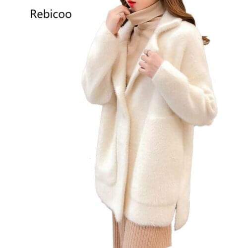 Women Spring Autumn Faux Mink Cashmere Cardigan Female Elegant Solid Sweater Cardigan Lady Thick Warm Knitted Sweaters