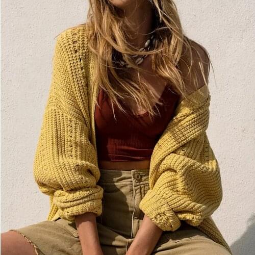 Women Long Knitted Sweater Cardigan Full Sleeve v-neck Ginger Yellow solid Loose Casual England Style Hollow out cardiganoutwear