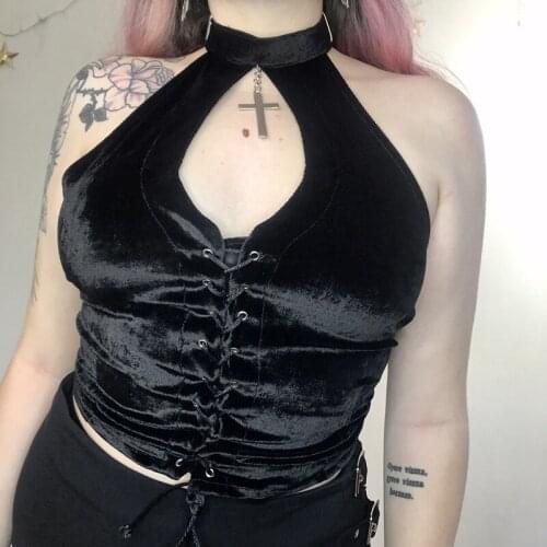 Women Sexy V neck Bandage Top Gothic Halter Neck Backless Velet Lace Up Sleeveless Crop Top Goth Punk Corset Camisole